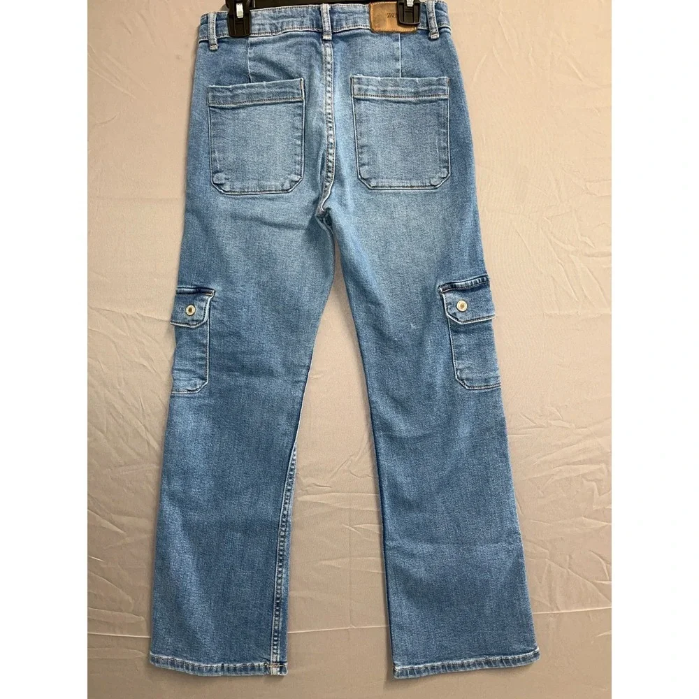Zara Cargo Jeans‎ Girls 11-12 Blue Denim Cotton Stretch Medium Wash Straight Leg
